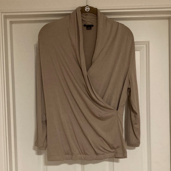 IMAN Faux Wrap Deep V-Neck Front 3/4 Sleeve Rayon Spandex/taupe/size S - Picture 2 of 8